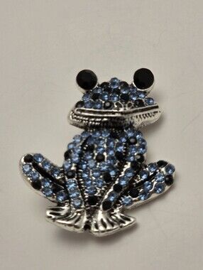 Source Unknown Blue and Black Crystal Frog Brooch Pin